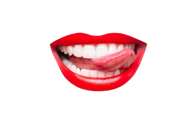 Woman's smiling mouth with red glossy lips showing tongue isolated on a white background