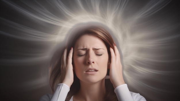 A woman's struggle with vertigo dizziness or a neurological or inner ear condition is depicted in a blurry picture