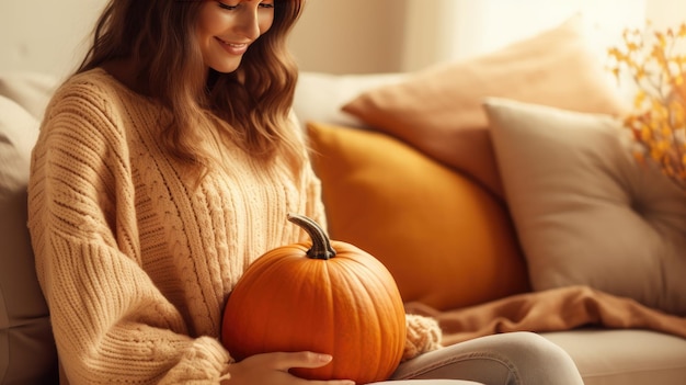 woman's trendy beige knitted cardigan and her hand holding a pumpkin decoration