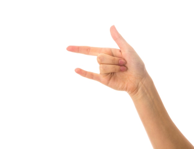 Woman's white hand showing ROCK on whte background in studio