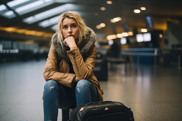 A woman sad because she missed her flight at the airport