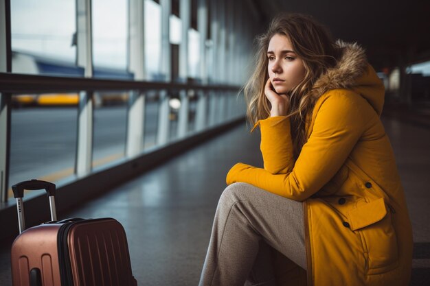 A woman sad because she missed her flight at the airport