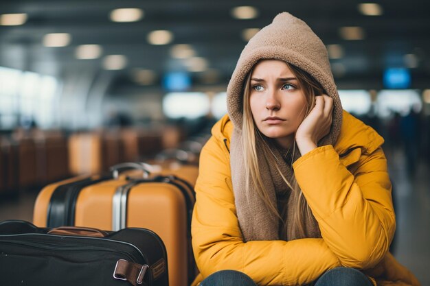 Женщина грустит, потому что пропустила свой рейс в аэропорту.
