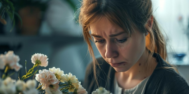 Photo woman sad at funeral generative ai