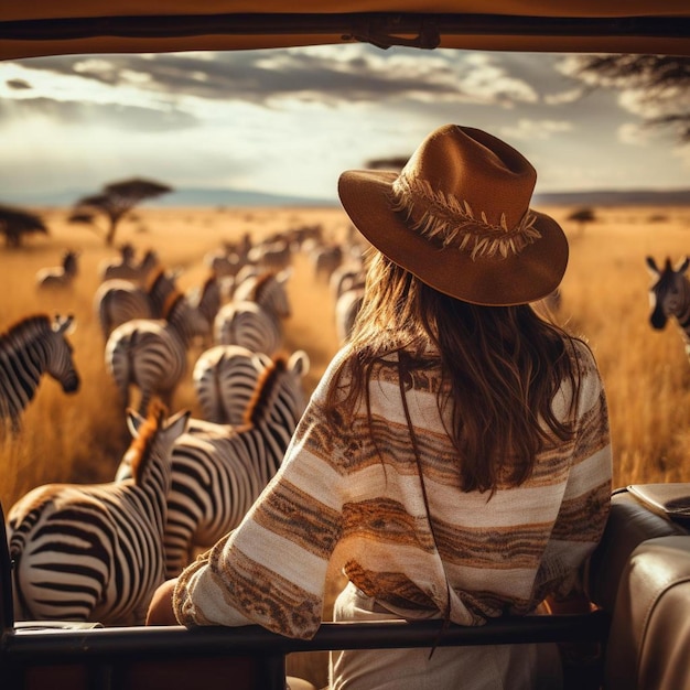 Foto una donna con un cappello da safari sta guardando le zebre