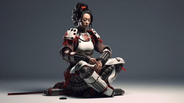 A woman in a samurai costume sits on a table.