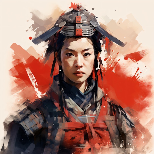 A woman in a samurai costume with a helmet on