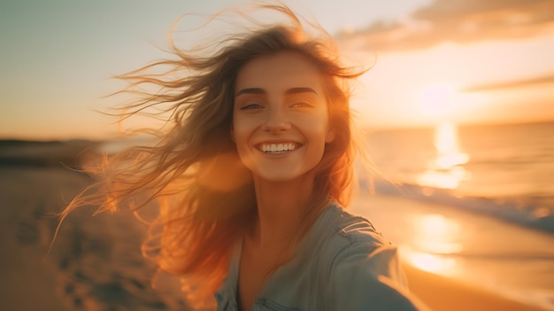 Foto donna spiaggia di sabbia spiaggia mare stile di vita vacanze estive sorriso tramonto oceano