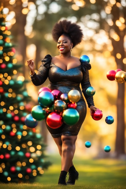 Woman Santa Claus play and juggle with Christmas time ornaments outdoors in the snow at sunset