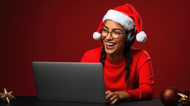 A woman in a santa hat is joyfully laughing while typing on a laptop at a desk in the solid background