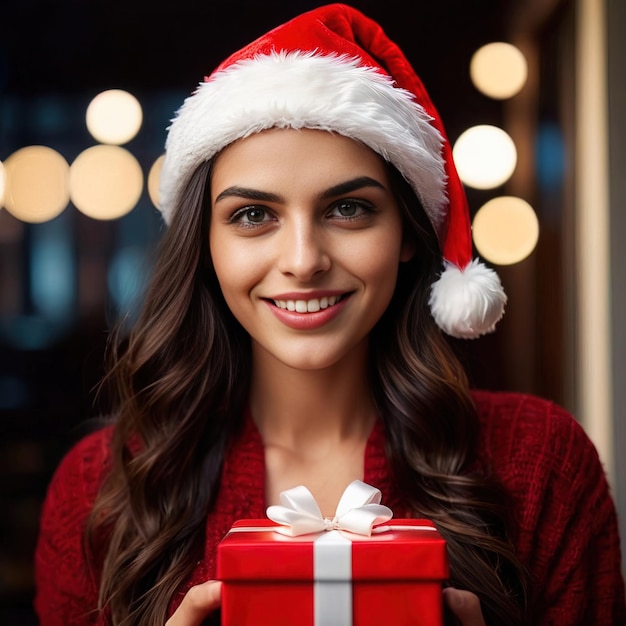 Woman in santa hat offering christmas gift