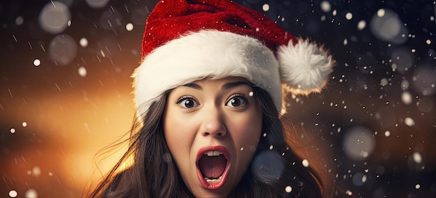 a woman in santa hat with an open mouth in the style of spectacular backdrops