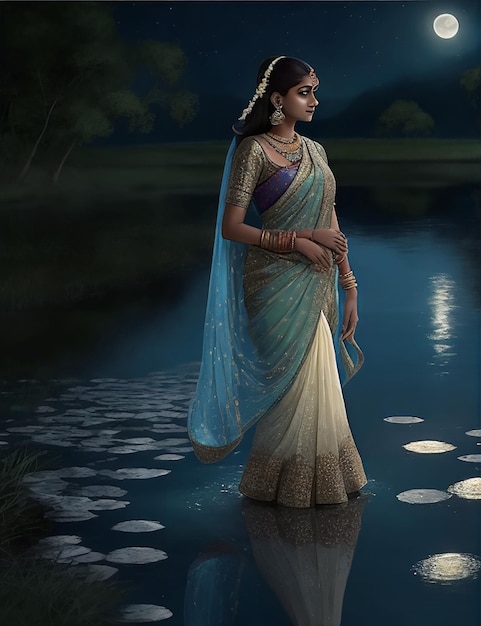 woman in a saree in the river