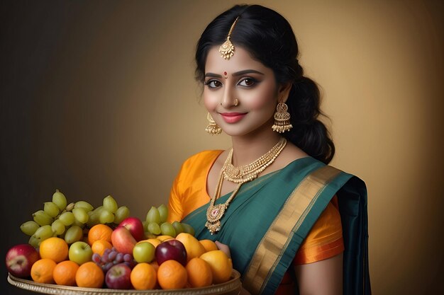 Foto una donna in saree accoglie pongal con un sorriso e un vassoio di dolcetti