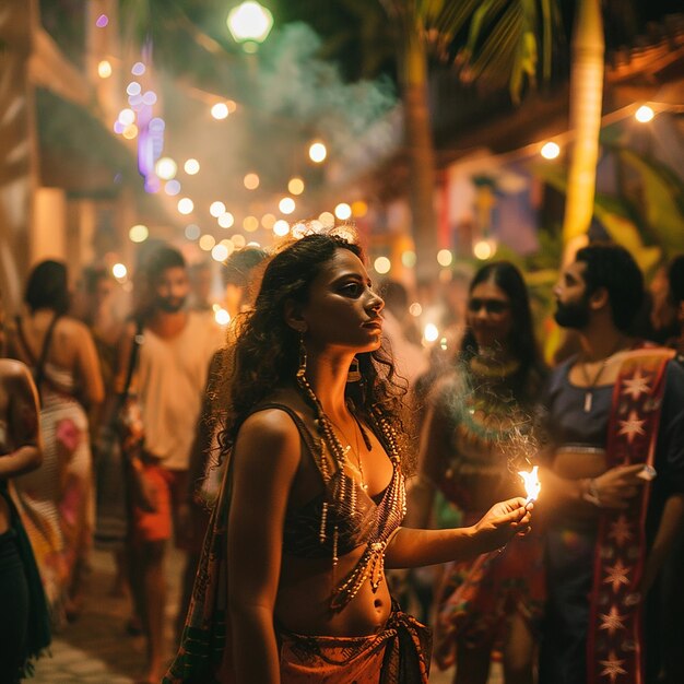 a woman in a sari holds a candle in her hand