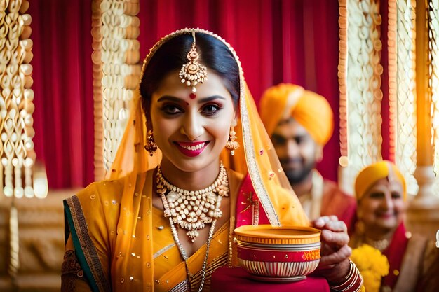 a woman in a sari holds a pot of gold