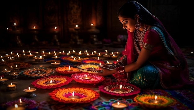 A woman in a sari is lighting a diwali