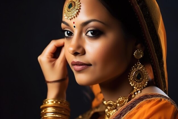 A woman in a sari is posing for a photo.