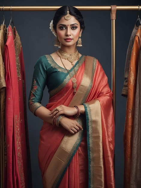 A woman in a sari is standing and modeling with a clothes rack behind her