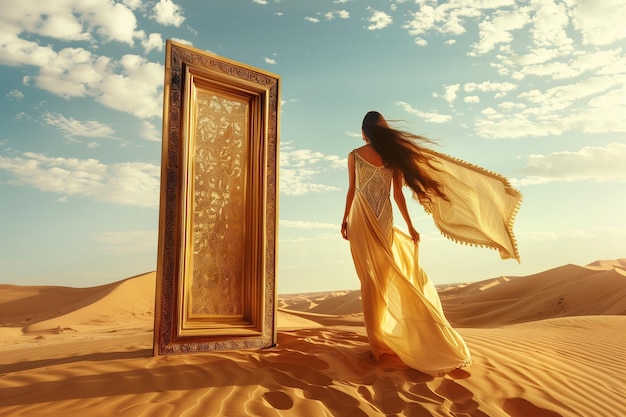 a woman in a sari model walks through the desert