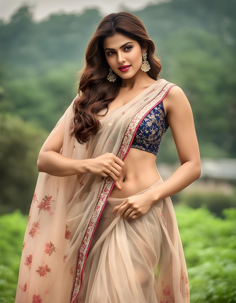 a woman in a sari poses in a field