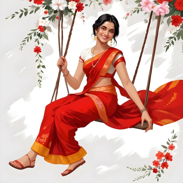 a woman in a sari sits on a swings with flowers