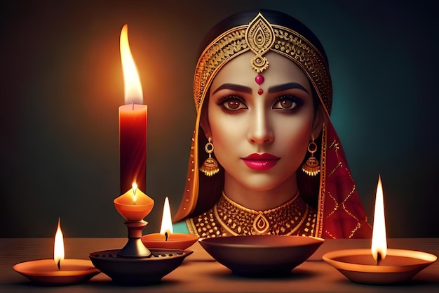 A woman in a sari sits at a table with a candle lit in the background