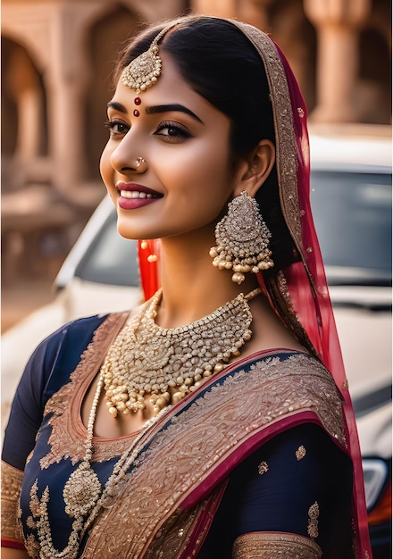 a woman in a sari smiles in front of a car