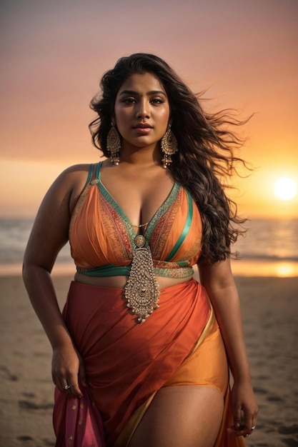 A woman in a sari stands on a beach with the sun setting behind her