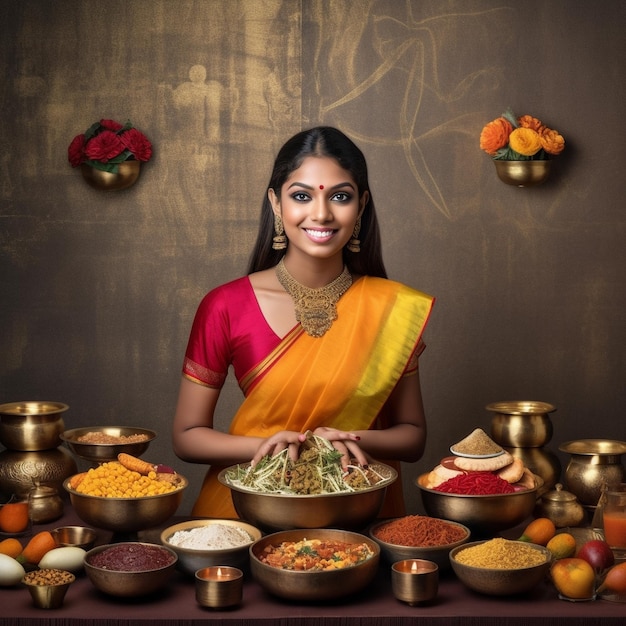 a woman in a sari stands in front of a table full of food.