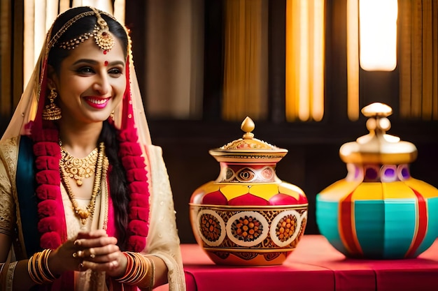 a woman in a sari stands next to a vase with colorful designs