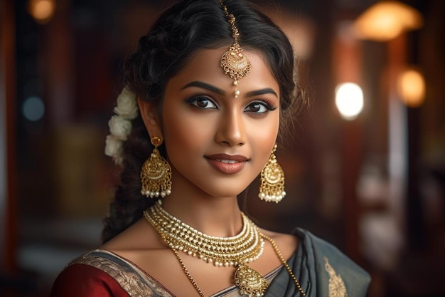 a woman in a sari with a beautiful smile.