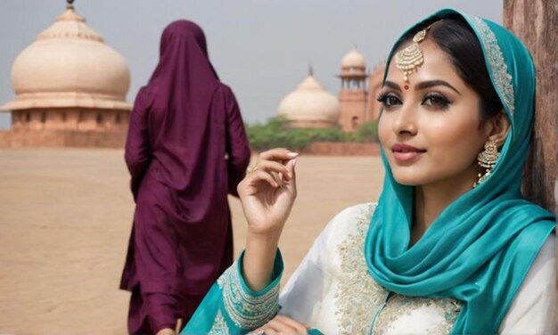 a woman in a sari with a blue sari on her head