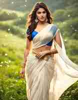 Photo a woman in a sari with a blue and white sari