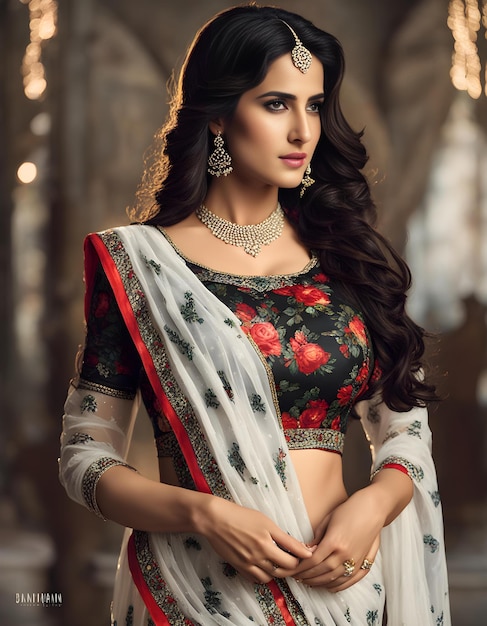 a woman in a sari with a floral pattern on the front