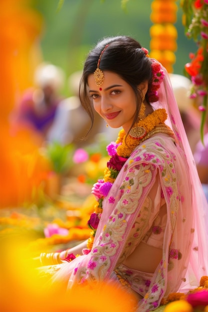 a woman in a sari with a flower on her head