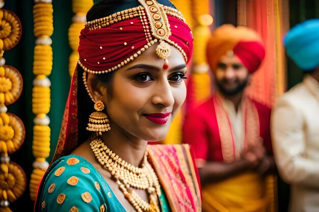 a woman in a sari with a man in the background