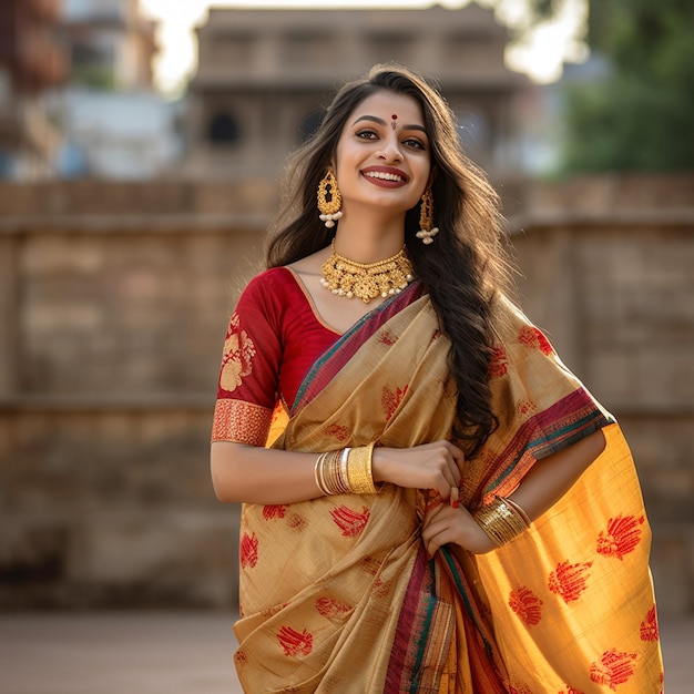 a woman in a sari with a red sari on her head.