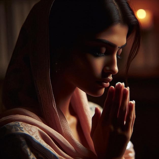 a woman in a sari with a scarf around her neck