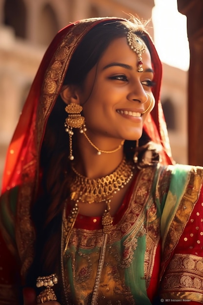 a woman in a sari with a smile on her face