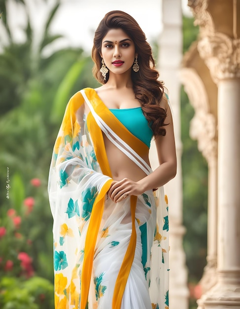 a woman in a sari with a tropical palm tree in the background