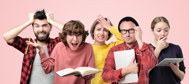 Woman satisfied student with glasses holding text books