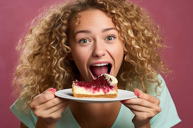Фото Женщина, наслаждающаяся кусочком богатого торта из черного леса.