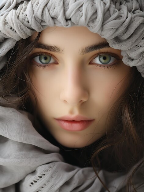 Photo woman scarf hat head green eyes aquiline nose slender hoodie covid young human languid princess