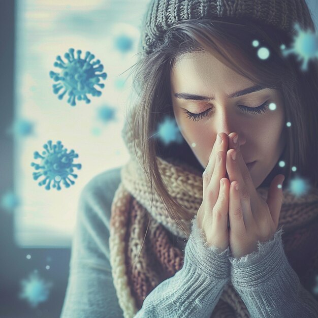 Foto una donna con una sciarpa con un virus che galleggia sul suo viso