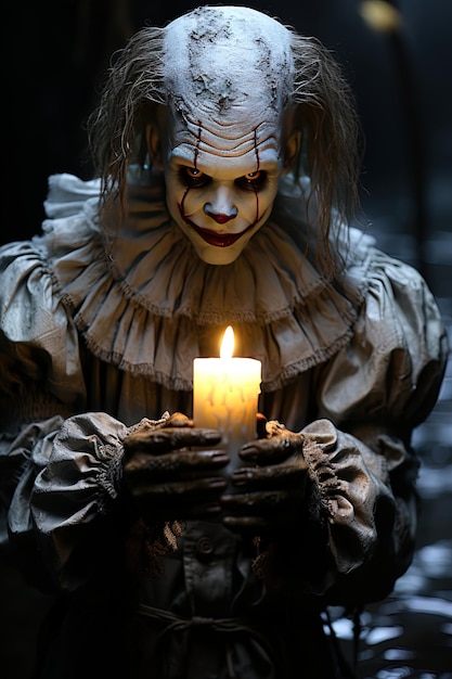 Photo a woman in a scary costume holds a candle in her hands