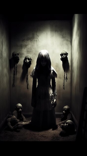 a woman in a scary dress stands in a room with skulls on the wall