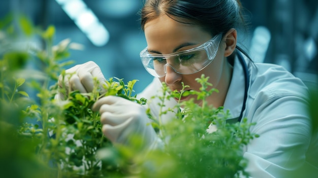 A woman scientist in a lab coat is examining a plant