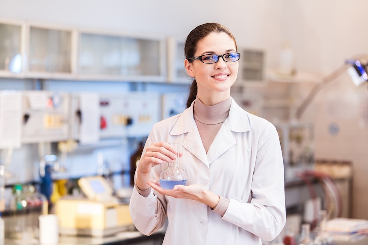 Photo woman scientist in laboratory with beaker posing