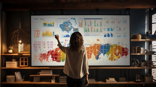 Woman scientist studying chart with international data in office Employee working